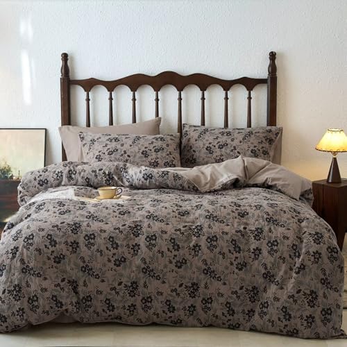BuLuTu Vintage Muslin Duvet Cover Set Full, 100% Cotton Linen Like Comforter Cover Boho Floral Quilt Cover with 2 Pillowcases, 80"x90", Soft Breathable Bedding Set, Zipper & Corner Ties