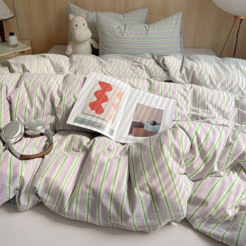 AOJIM Striped Duvet Cover Queen 100% Washed Cotton 3-Piece Vintage Bedding