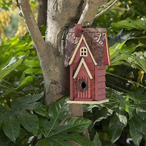 Glitzhome Blue Bird House, 12" H Solid Wood Bird House for Outside, Distressed Cottage Garden Decorative Birdhouse Hanging Bird House for Outdoors,Red
