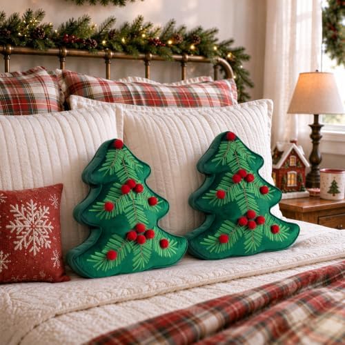 AELS Christmas Tree Pillow with Red Pom-pom, Embroidered Decorative Holiday Pillow, Set of 2, Holiday Throw Pillows for Decor, Plush Tree Shaped Pillows for Living Room Bedroom Sofa, Green