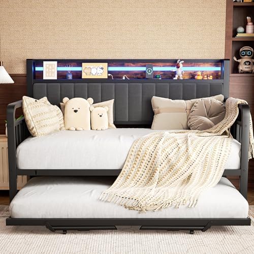 Daybed with Trundle and LED Light, Heavy Duty Metal Twin Bed Frame with Upholstered Storage Headboard & Charging Station, Day Bed Pop Up Trundle Bed Twin for Living Room,Bedroom and Guest Room, Brown