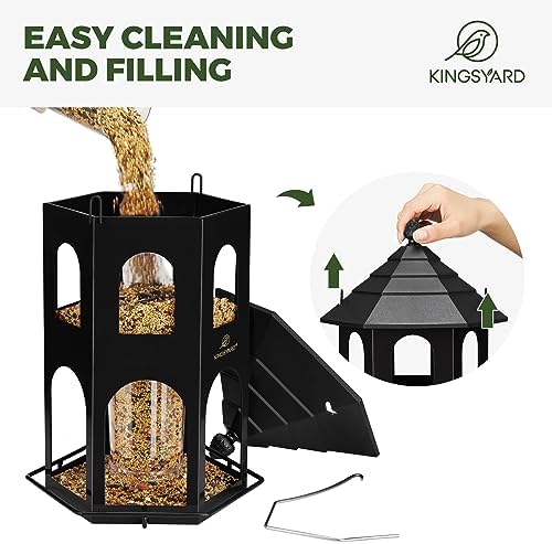 Kingsyard Metal Bird Feeder for Outdoor Hanging, Wild Bird Feeders with Circular Perch, Easy to Clean & Refill, 4 lbs Large Seed Capacity, Black