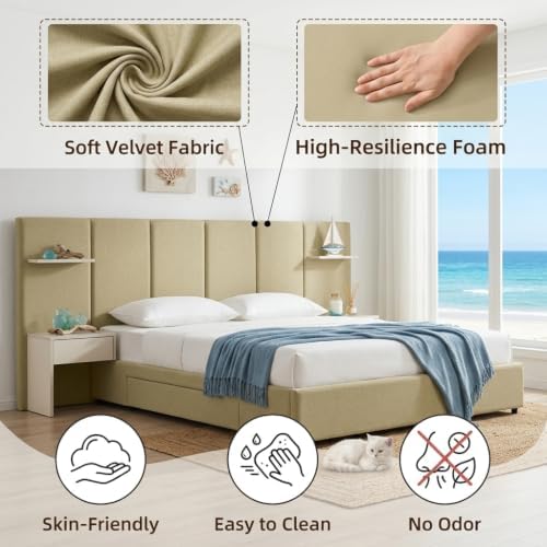 King Size Bed Frame with Storage & Built-in Nightstands & Drawers, Stone
