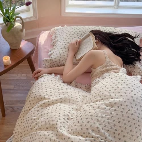 BuLuTu Cotton Muslin Duvet Cover Twin Size, Cottagecore Floral Print Bedding Set 3 Pieces, Soft Breathable Princess Ruffled Comforter Cover for Girls Kids Teens Toddlers, All Seasons