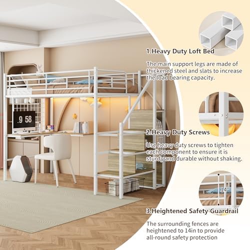Twin Size Metal Loft Bed with Reversible Stairs & L-Shaped Desk