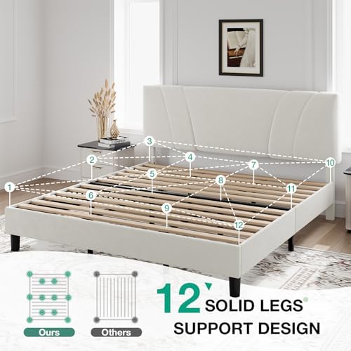Novilla King Bed Frame and Headboard, King Bed Frame, Velvet Upholstered Bed Frames, No Box Spring Needed, Heavy Duty Feet, Easy Assembly, White Velvet