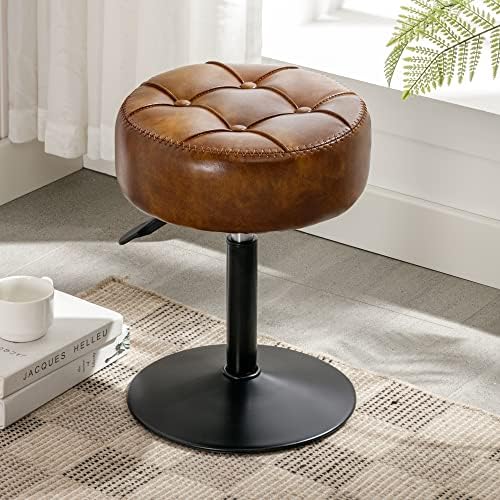 LUE BONA Adjustable Vanity Stool, 360°Swivel Vanity Chair for Makeup Room, Brown Stool Chair for Vanity, Small Faux Leather Vanity Stools for Bathroom, Living Room