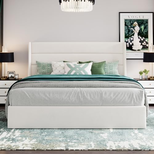 SHA CERLIN King Size Lift Up Hydraulic Storage Bed Frame White