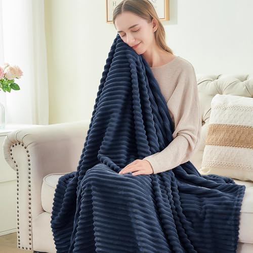 BEDELITE 3D Ribbed Navy Blue Fleece Throw Blanket for Couch, 50x60 Inch
