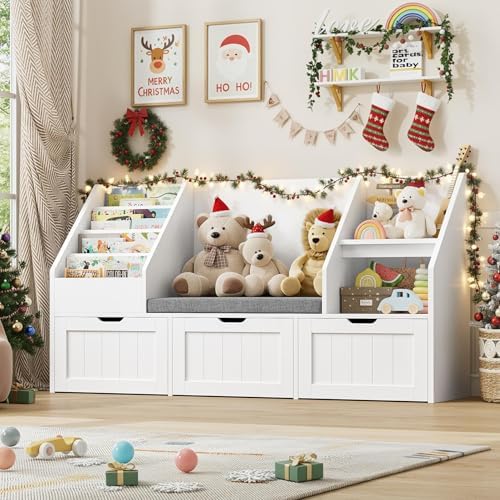 FOTOSOK Kids Bookshelf with Reading Nook, Toy Storage with Seat Cushion