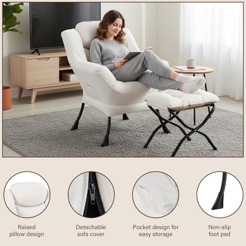Welnow Lazy Chair with Ottoman, Reading Chair with Footrest, Beige