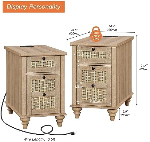 WAMPAT Set of 2 Rattan End Tables with Charging Station, Tall Side Tables Nightstand with Drawer & Storage Cabinet, Light Wood Bedside Table for Bedroom & Living Room, Burlywood