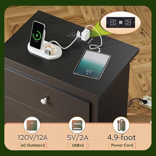 WLIVE Tall Nightstand with Charging Station, Wood Bedside Table, Black