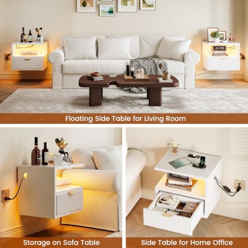 Homeiju Floating Nightstand with Charging Station, LED Lights and Drawer