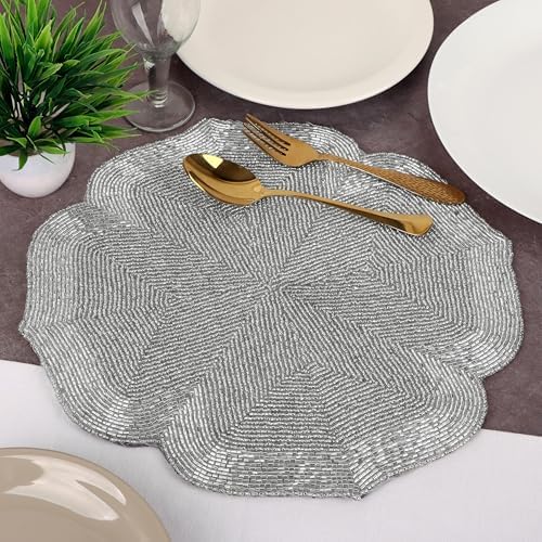 ALPHA Living HOME Silver Beaded Placemats Set of 2 Handmade Dining Mat Pair