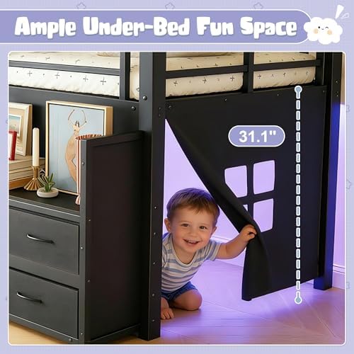Bellemave Low Loft Bed Twin Size with Storage Shelves & Fabric Drawers, Metal Twin Loft Bed for Kids with LED Lights & Under-Bed Play Area, Low Loft Bed Frame for Bedroom, No Box Spring Needed, Black