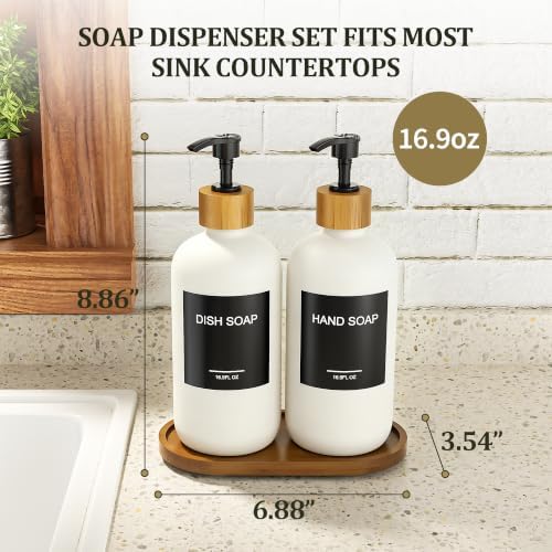 MASADI White Soap Dispenser Set with Tray, Dish and Hand soap Lotion Dispenser Set with Wooden Pump for Kitchen and Bathroom Decor for Counter, Modern Vintage Liquid Soap Dispensers