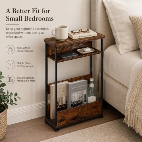YEAKOO Narrow Side Table with Storage Shelf, 3-Tier Slim End Table