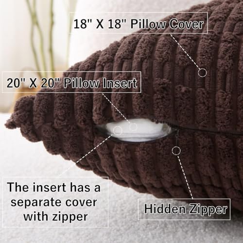 2 Pack Corduroy Decorative Throw Pillow with Inserts, 18x18 Inch Soft Boho Throw Pillow, Square Striped Throw Pillows for Couch, Bed, Sofa Decor