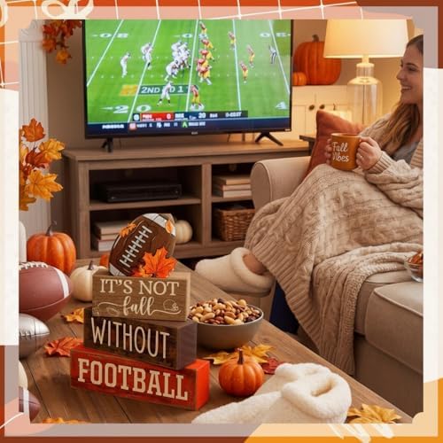 Yuntau 4 Pcs Fall Football Decor Rustic Wooden Blocks Table Centerpiece