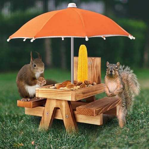 Gnodary Squirrel Feeder with Umbrella, Squirrel Feeders for Outside, Squirrel Picnic Table Feeder - Chipmunk Feeder Hold Corn, Corn Cob, Peanuts (Orange)