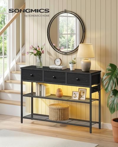 SONGMICS Console Table with Power Outlets and LED Lights, 3 Fabric Drawers