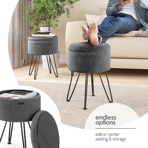 Round Ottoman with Storage, Boucle Storage Ottoman, Foot Stool Ottomans, Makeup Vanity Stool, Small Ottomans Foot Rest, Modern Vanity Stools for Living Room and Bedroom, Grey