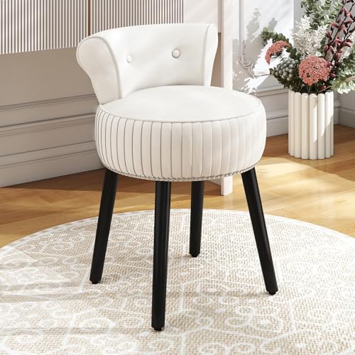 CHARMAID Velvet Vanity Chair for Bedroom, Elegant Accent Chair with Tufted Low Back, Solid Wood Legs, Upholstered Seat, Modern Makeup Stool for Dressing Room, Home Office (Beige & Black)