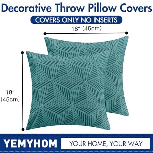 YEMYHOM Pack of 2 Throw Pillow Covers 18 x 18 Inch High Stretch Jacquard Pillowcase for Couch Sofa Living Room Home Decor, Peacock Blue