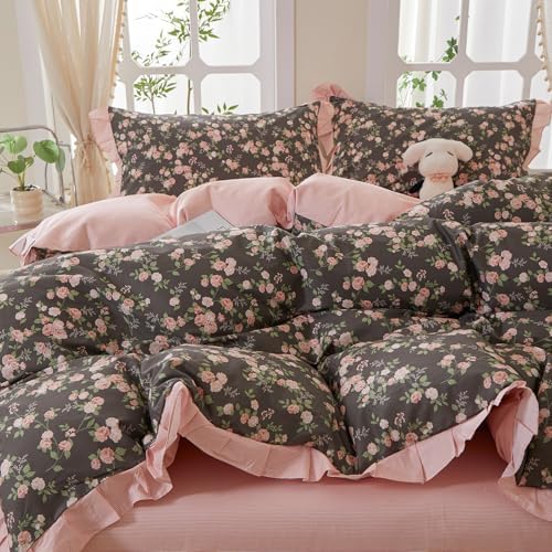 Vintage Floral Coquette Duvet Cover King, 3 Piece Blush Rose Cottagecore Flower Duvet Cover Romantic Ruffle Lace Bedding Set, 100% Cotton Chic Aesthetic Botanical Comforter Cover for Girls Women