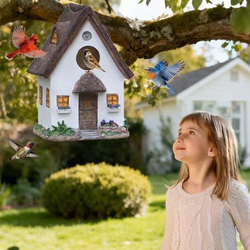 Bird Houses for Outside Rustic Cottage Birdhouse with Thatch Roof – Hand-Painted Resin Birdhouses for Outdoors for Bluebird Finches Cardinals Bird Nesting Garden, Patio, Yard