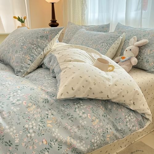 Full Size Floral Duvet Cover Set 3 Pcs 100 Cotton,1 Blue Full Duvet Cover with 2 Pillowcases,Cute Bedding Set with Zipper,Soft Comfy Breathable Quilt Covers for Teen Girls Women 80"×90"