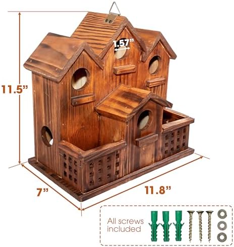 MIXUMON Bird House Outdoor with Feeder, 6-Room Wooden Birdhouse for Outdoors & Outside, Carbonized Pine Wood Bird Houses with 1.57” Entrance & Easy Clean-Out Doors (Natural Wood Door)