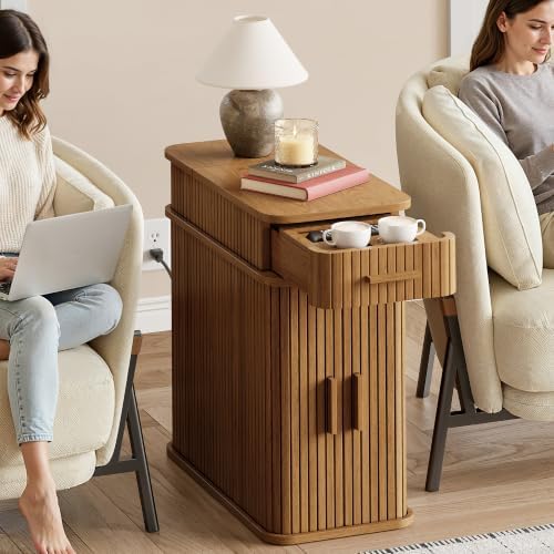 ONBRILL Fluted End Table, Narrow Side Table, 23.62" H, Caramel Color