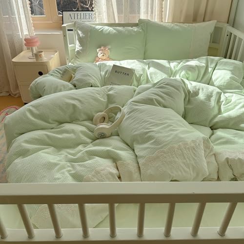 Lace Duvet Cover Set Queen(90"x90"),Green Gingham