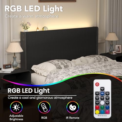 Queen Size Headboard Only, Wood Head Board with Charging Station & LED Lights, Modern Fluted Wall-Mounted Bed Headboards for Bedroom, Height Adjustable, Black