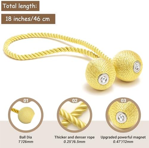 Hion Magnetic Curtain Tiebacks Golden 6pcs, Curtain Holdbacks Hooks Holders