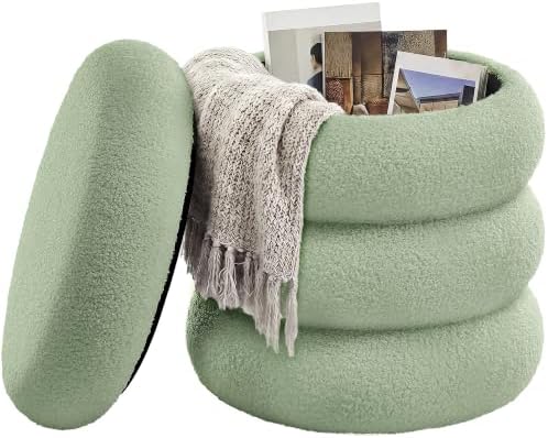 SONGMICS Vanity Stool, Round Ottoman with Storage, Teddy Fleece