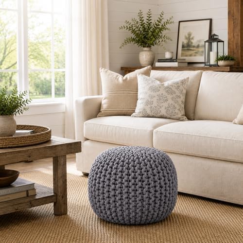 Casafield Round Pouf Ottoman, Dark Gray - 20" Diameter x 14.5" High Cotton Knit Foot Stool - Boho Floor Pouffe for Living Room, Bedroom, Home Office