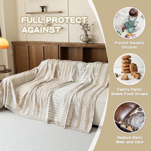 MEETSKY Boho Chenille Couch Cover for Dogs, Washable Cat Scratch Proof Sofa Slipcover for L-Shape Sectional, Soft Pet Furniture Protector, 71" x 118", Khaki with Stripes