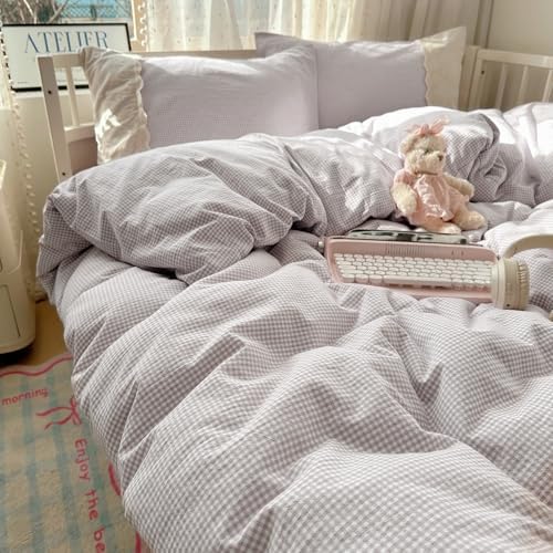 LifeTB Purple Gingham Duvet Cover Twin Cozy Washed Microfiber Purple Checkered Plaid Duvet Cover with 2 Pillowcases Romantic White Lace Comforter Cover 3 Pieces Gingham Grid Bedding Set