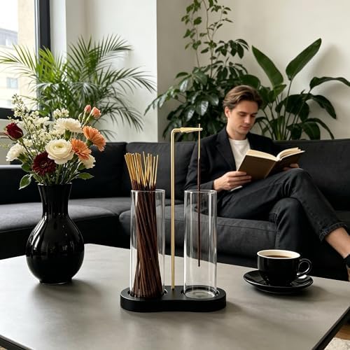 Glass Incense Holder, Black Incense Sticks Burner Holder with Storage,Hang Upside Down Incense Holder for Sticks with Ash Catcher for Meditation Yoga Spa Room (Black)