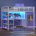 Loft Bed Full Size with L Shape Desk,4 Drawers,3-Tier Storage Shelves Metal Loft Bed Frame with Power Outlet and LED Lighted,No Box Spring Needed,Space-Saving,Noise Free (White, Full Size)