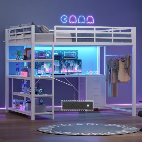 Loft Bed Full Size with L Shape Desk,4 Drawers,3-Tier Storage Shelves Metal Loft Bed Frame with Power Outlet and LED Lighted,No Box Spring Needed,Space-Saving,Noise Free (White, Full Size)
