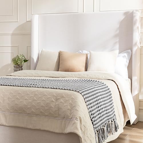 54" Tall Headboard California King Upholstered Platform Bed Frame with Wingback, Modern Tufted Fabric Bed with Solid Wood Legs, No Box Spring Needed, Textured Ivory Canvas