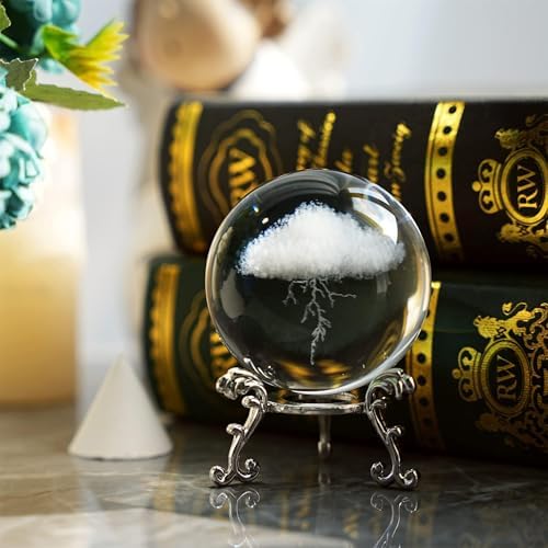 3D Lightning Cloud Crystal Decorative Ball Paperweight with Stand,60mm