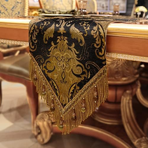 Loom and Mill Luxury Vintage Chenille Table Runner 90 Inches Long, Black