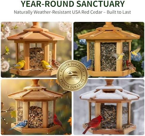 Solution4Patio Bird Feeder for Outdoors - USA Cedar Hexagon Gazebo Bird Feeders with Vented Mesh Tray, Easy-Clean & Fill Design 9.6" Dia. X 8.7" H 3.2-lb Capacity