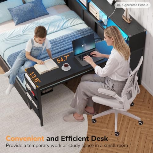 DICTAC Corner Full Bed Frame with Desk, Charging Station and Bookcase Storage, Full Size Platform Bed Frame with Storage Drawers, Led Lights and Shelves, Modern Daybed for Kids, Teens and Adult, Black