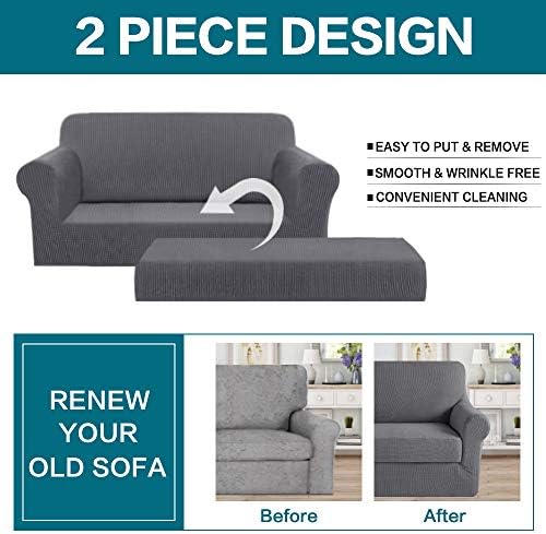 Turquoize Stretch Sofa Slipcover 2 Pieces Sofa Cover Couch Cover for 2 Cushion Couch Washable Furniture Protector Covers with Elastic Bottom Feature Thick Jacquard Fabric (Loveseat, Charcoal Gray)